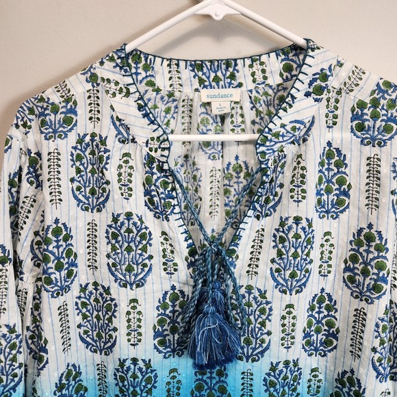 Sundance Olivia Ombre Top Size Large Blue White Peasant Tassels V Neck Floral - Picture 3 of 11